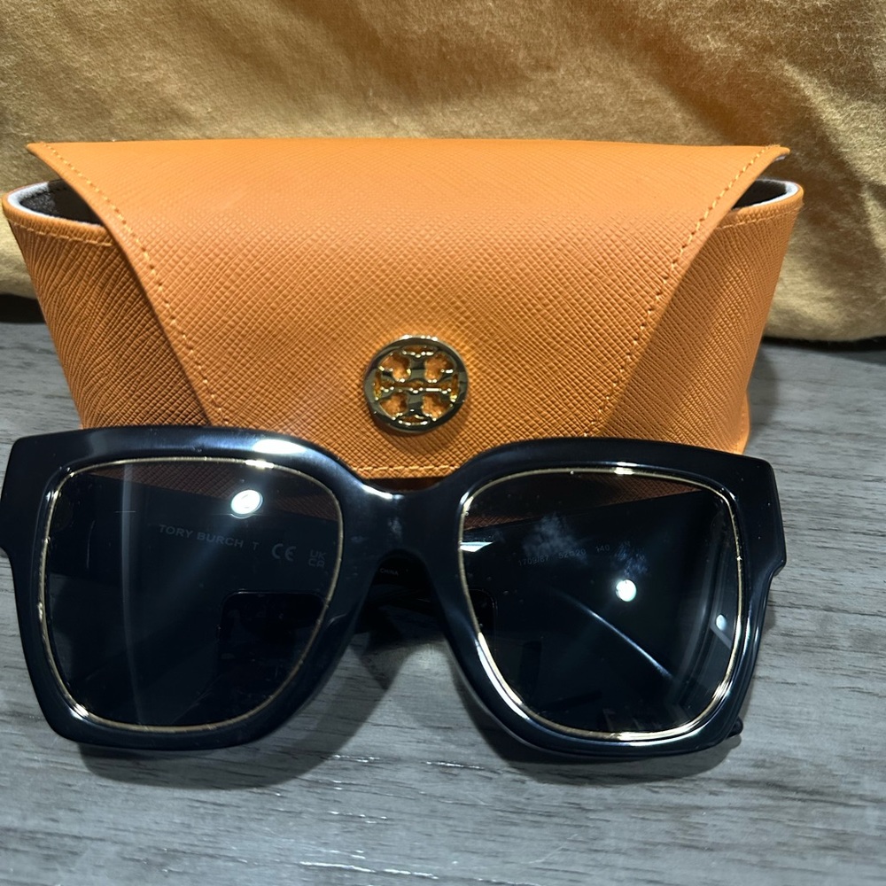 Tory Burch Black Sunglasses with Gold Accents and Orange Case